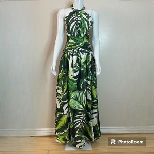 Green white halter neck side slit sleeveless drop waist  maxi dress